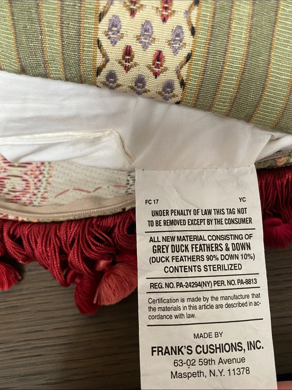 Custom Striped Down Accent Pillows in Sage Green and Burgundy red tassel